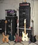 Bob's Basses l to r Smith BSR4EG fretless, Ibanez TRB-100, Brice HXB-405 fretless, Lotus L700, Dean Edge 5. 04/15/07